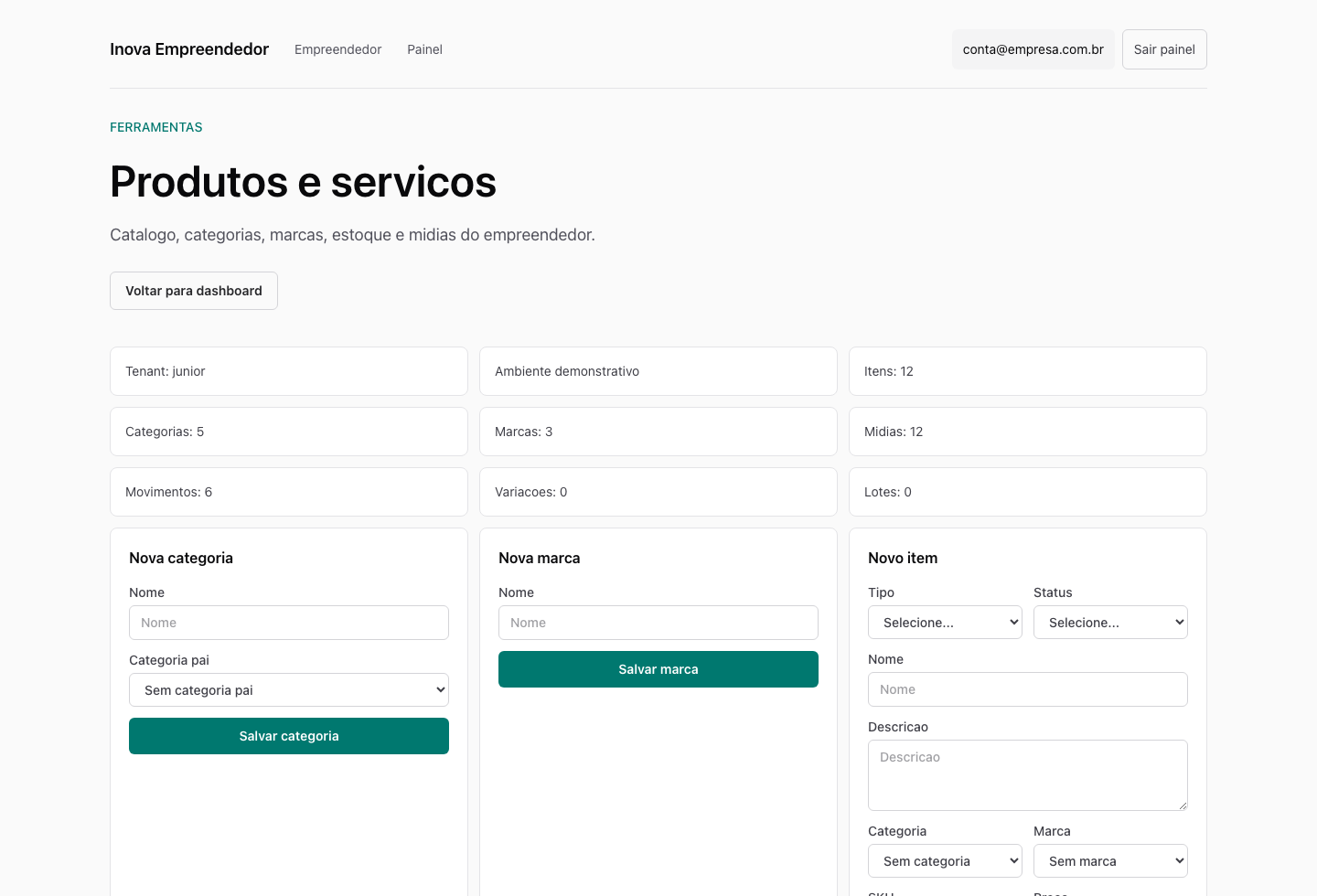 Catalogo de produtos e servicos na Plataforma Inova